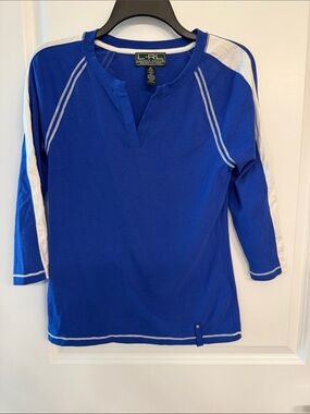 L-RL Lauren Ralph Lauren Active, Royal Blue & White Raglan Sleeve Top